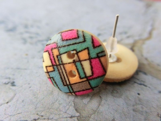 Preview: Holzknopf Ohrstecker 70s 70er Quadrate Rechteck